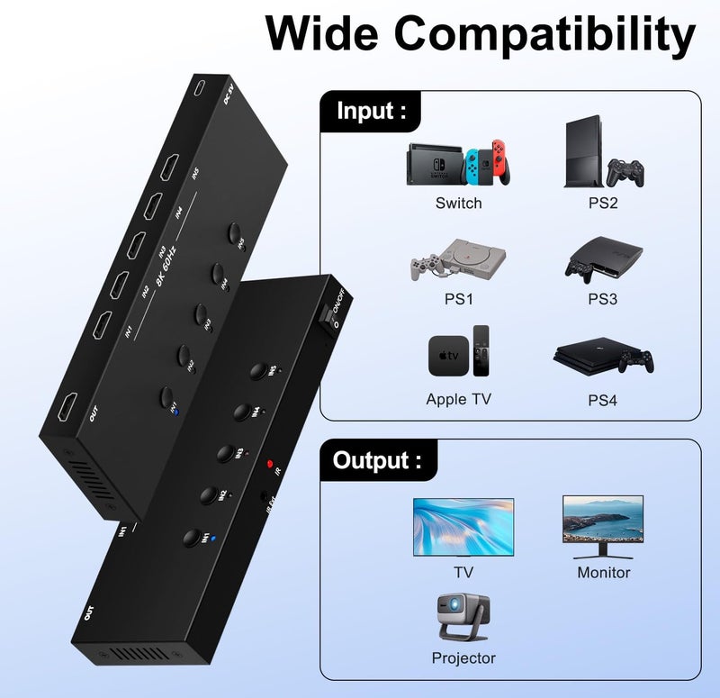 YDF 8K@60Hz HDMI Switcher 5 in 1 Out Aluminum Support 4K@120Hz HDR10+ HDCP 2.3 CEC HDMI 2.1 Switch Splitter Compatible with PS5/4 Xbox X/S Nintendo Switch/OLED Roku Apple TV Fire Stick UHD TV - Image 2